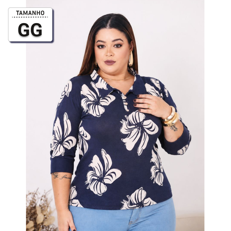 Blusa Estampado Manga 3/4 Gola Polo Look Inverno Ideal Moda Casual Blusa de Frio