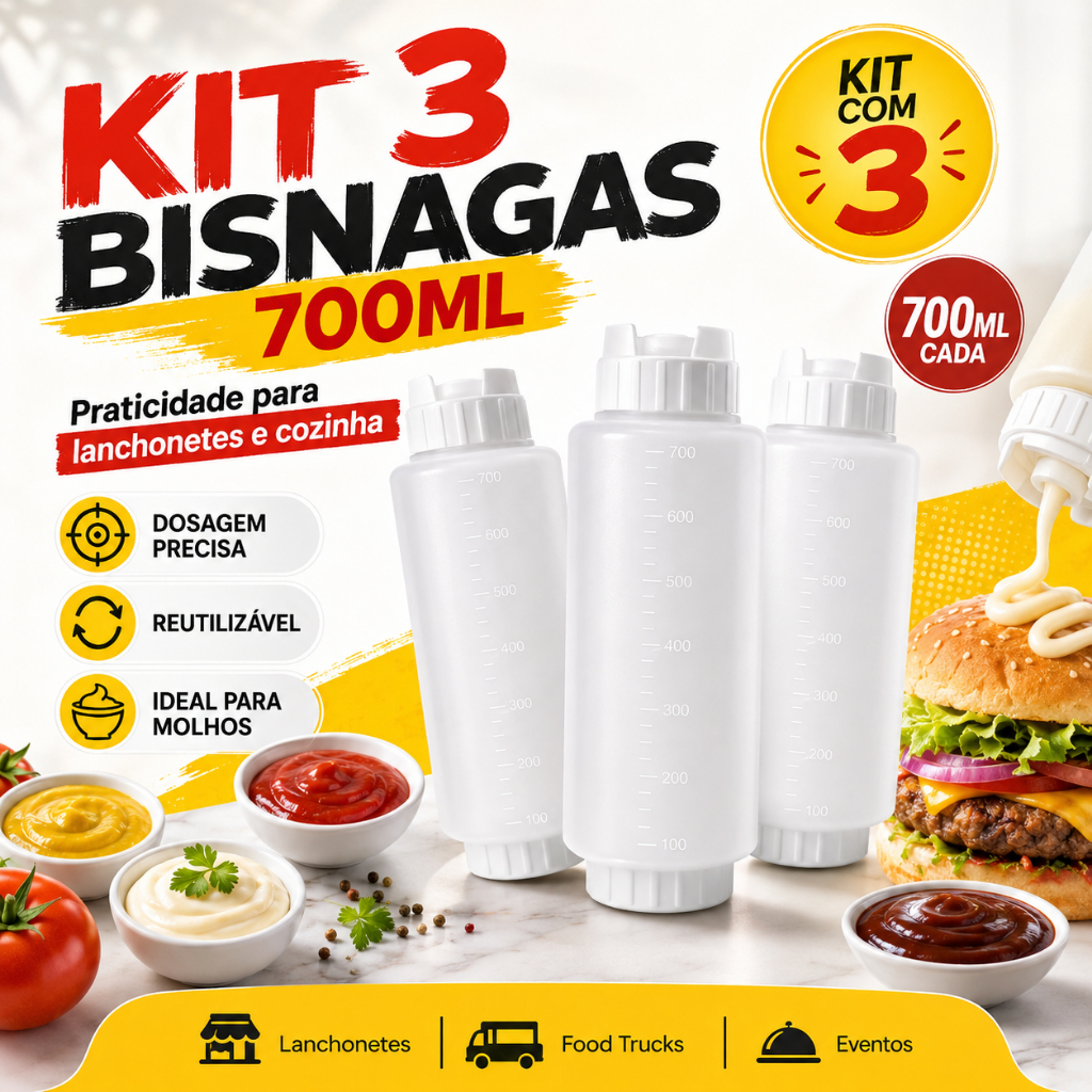 kit 3 Bisnaga Molho 700ml FIFO Invertida Cozinha Ketchup Maionese Profissional
