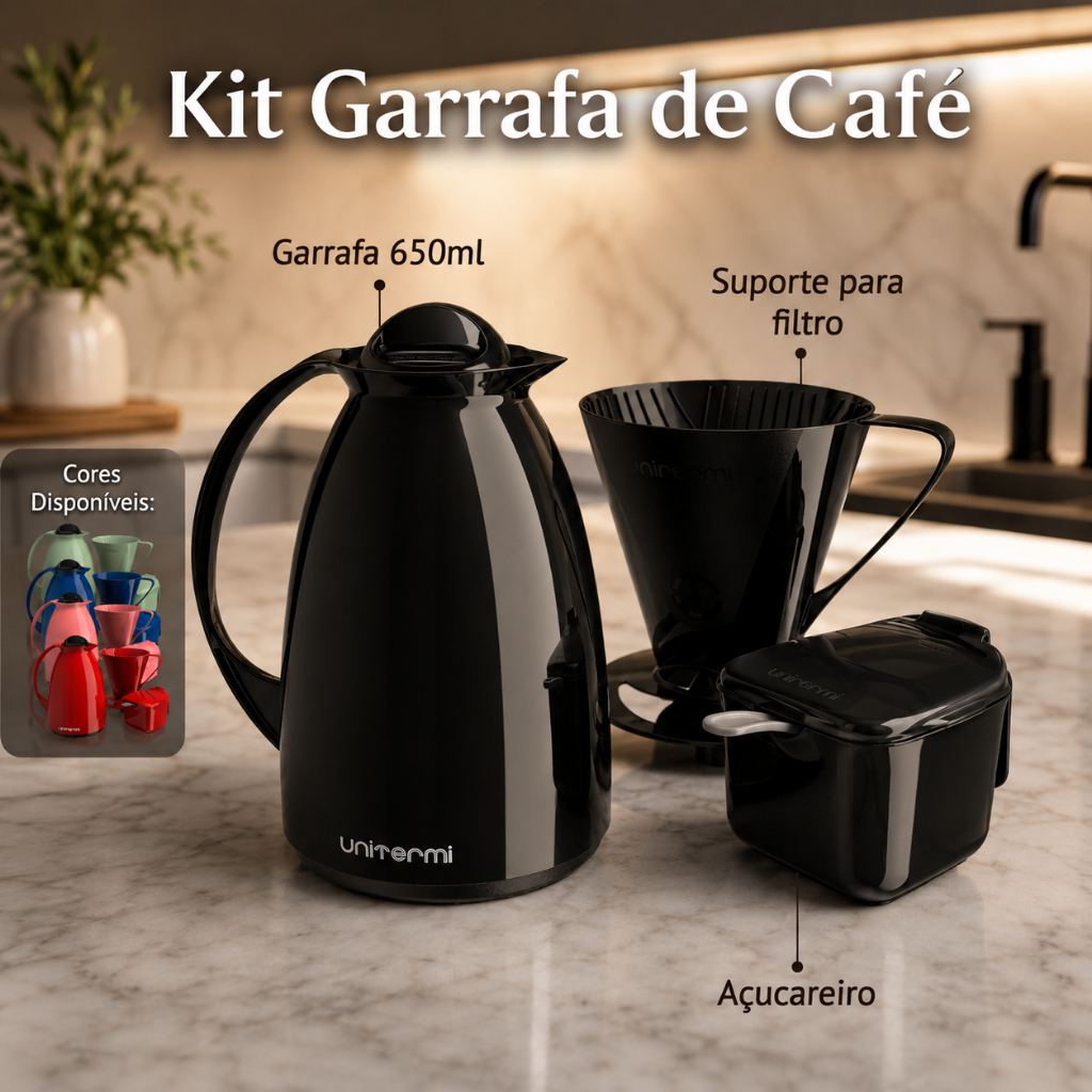 🌟 Kit Café ☕ Completo 🍵 Garrafa Térmica 650ml🔥 Porta Filtro Açucareiro e Colher 🥄  Unitermi💯 Cores
