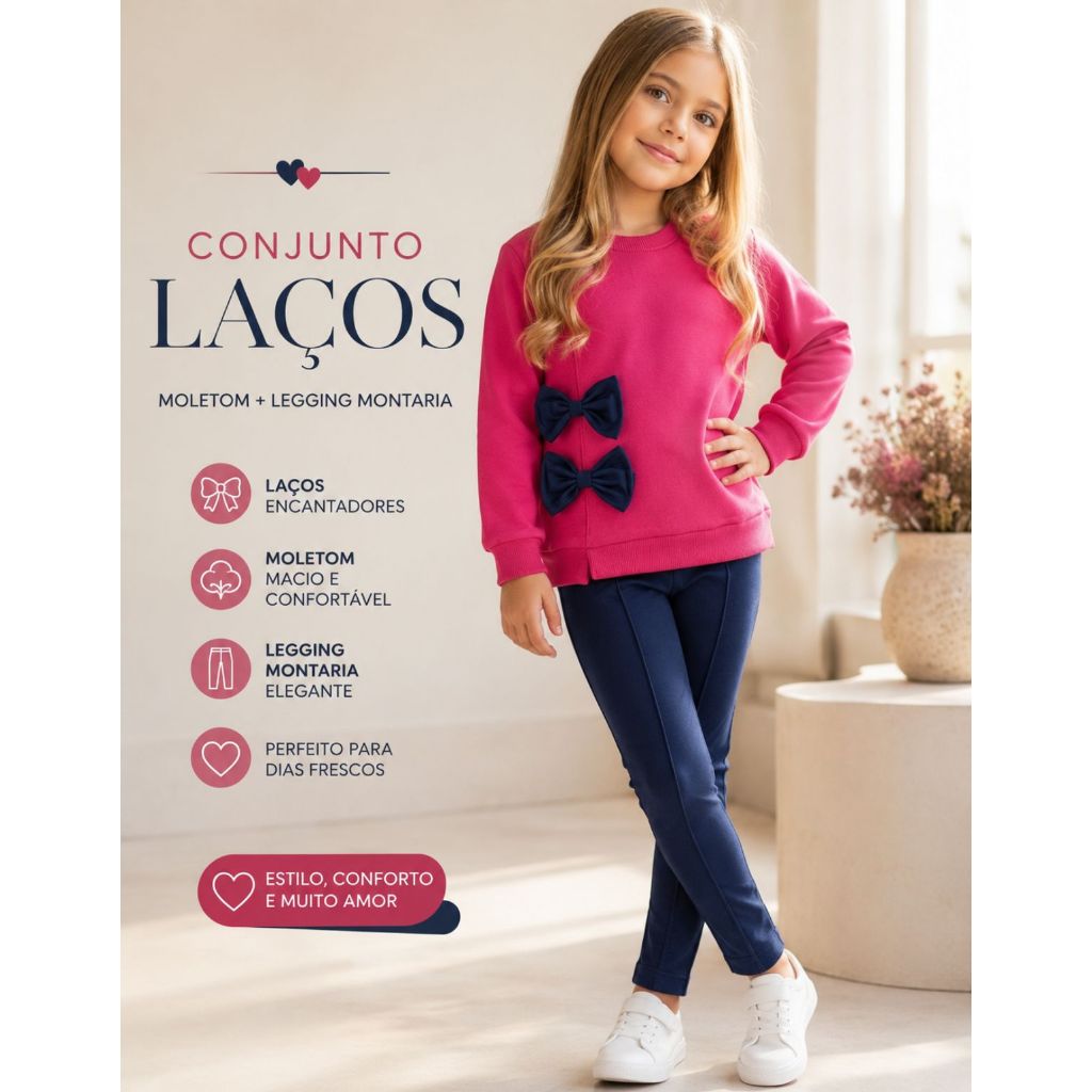 Conjunto Moletom Infantil Menina Laços Inverno Estiloso Legging Montaria Flanelada