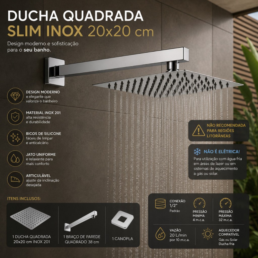 Chuveirão 20x20cm Piscina Caprichos Importados Cromado Metal Quadrado Parede Aréa Externa Piscina