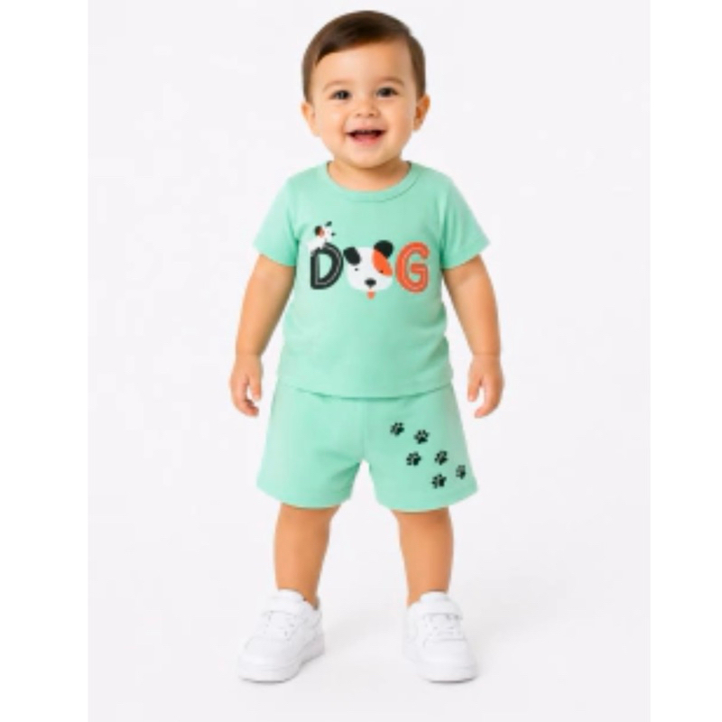 Conjunto Roupa Dog Infantil Bebê Menino Casual Verde Short e Camisa Manga Curtau