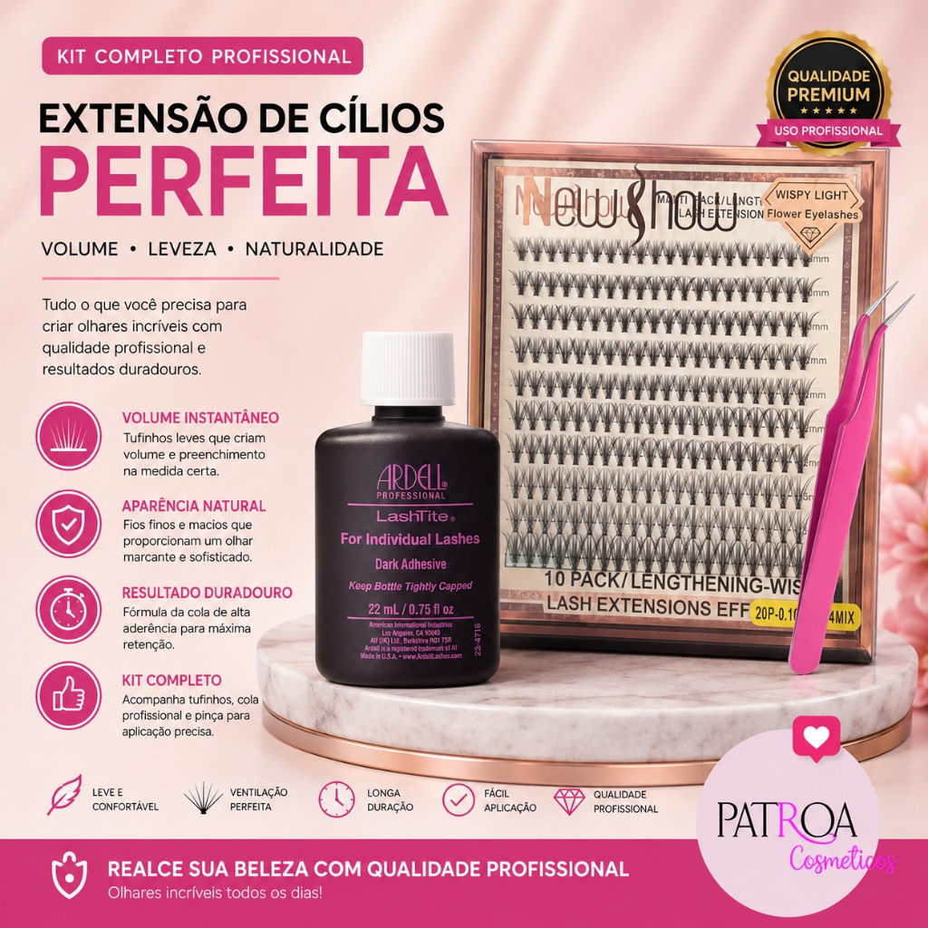 Kit Extensão de Cílios Tufinho New Show + Cola Salon Pro + Pinça Aplicadora