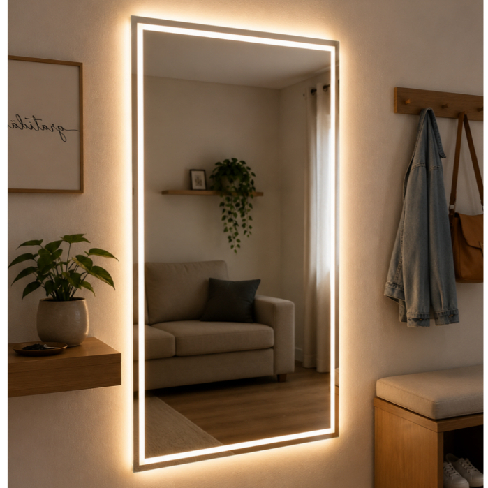 Espelho Grande Retangular com Luz de 3 Cores e Botão Touch Jateado 70x50cm Banheiro Premium · foto 2
