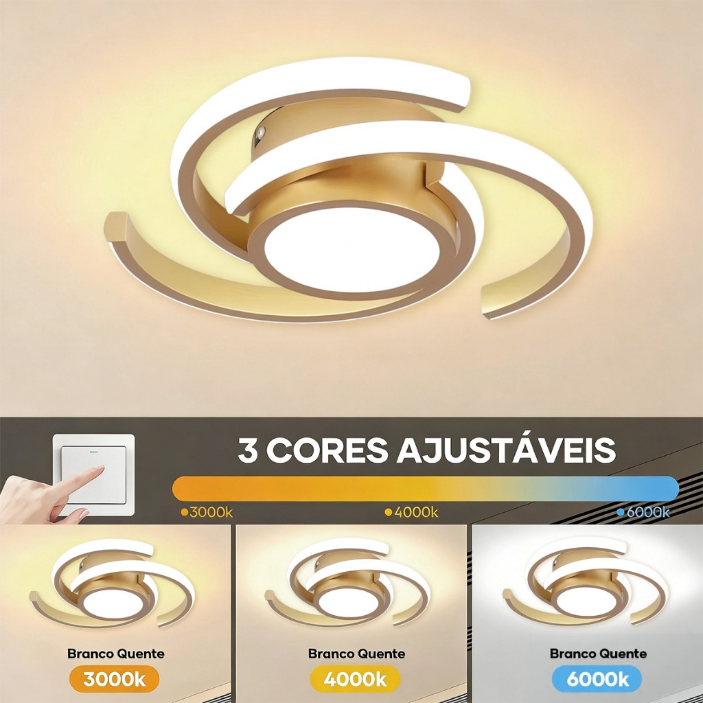 Plafon LED Moderno Lustre Teto Luminária Sobrepor Quarto Sala Dourado Bivolt 24W Elegante — imagem 2 de 2