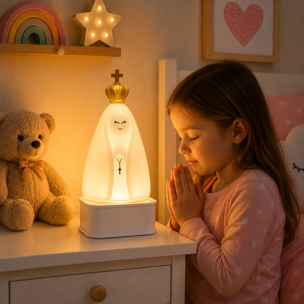 Luminária Abajur De Mesa Tomada borracha nossa senhora Led 3d Nossa Senhora Aparecida Base Branca e Preto — imagem 2 de 2
