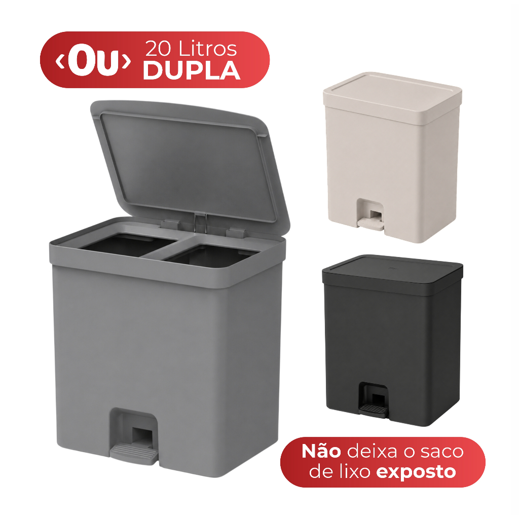 Lixeira Grande de Pedal Duplo Compartimento 20 Litros Cozinha Esconde Saco Cinza Preta Bege Trium OU