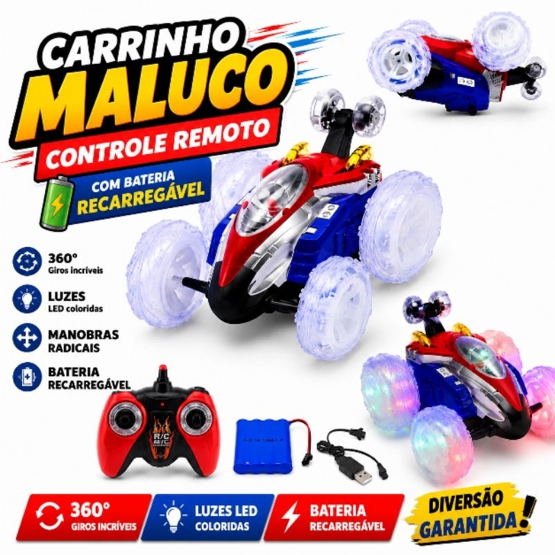 Carrinho Controle Remoto Carrinho Maluco Gira 360o C/ Luzes Led bateria recarregavel