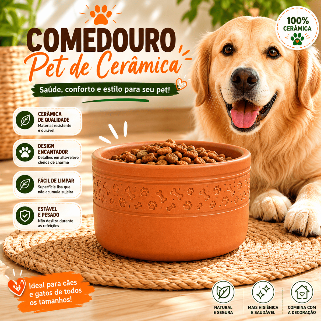Bebedouro Comedouro Pet Cachorro Gato Cerâmica Ecológico Ração Agua Desenho Pata Tamanho G 3 Litros