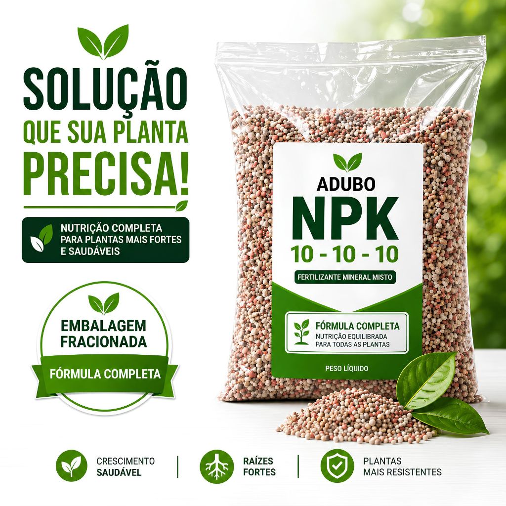 Adubo NPK 10-10-10 Fertilizante Completo para Flores, Plantas, Horta, Frutíferas e Plantação