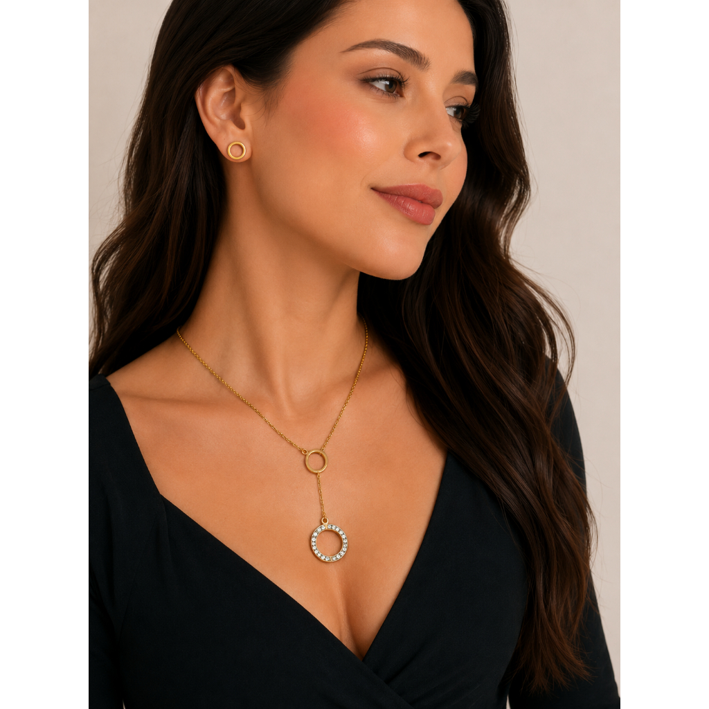 Conjunto Feminino Colar e Brinco em aço Inoxidável Antialérgico banhado a ouro