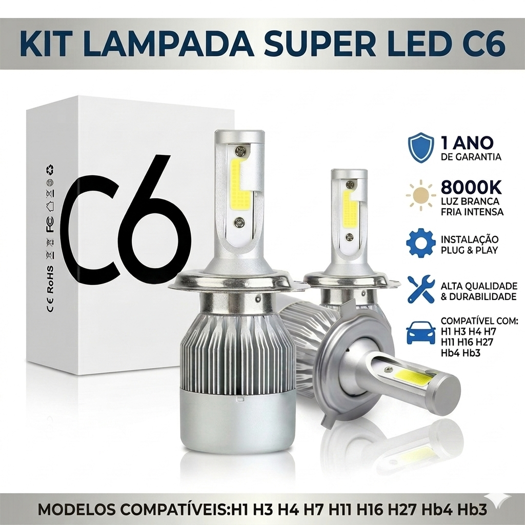 C6 Super Led Carro Par Lâmpadas 1800lm H1 H3 H4 H7 H11/H8/H9 5202/H16 880/H27 HB3.etc 6000K Dc9-32v