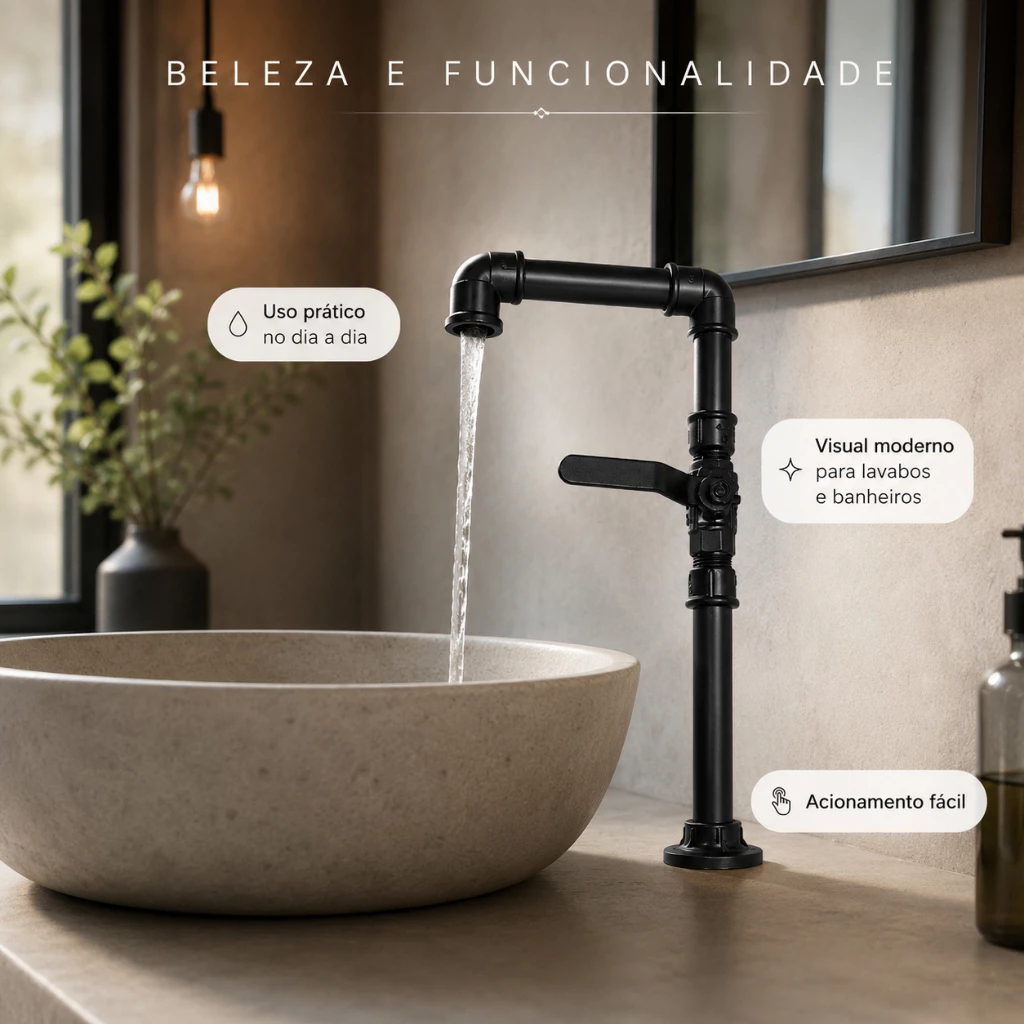 Torneira Industrial Preta 1/2 PVC com Registro Design Rústico Moderna Resistente Bancada