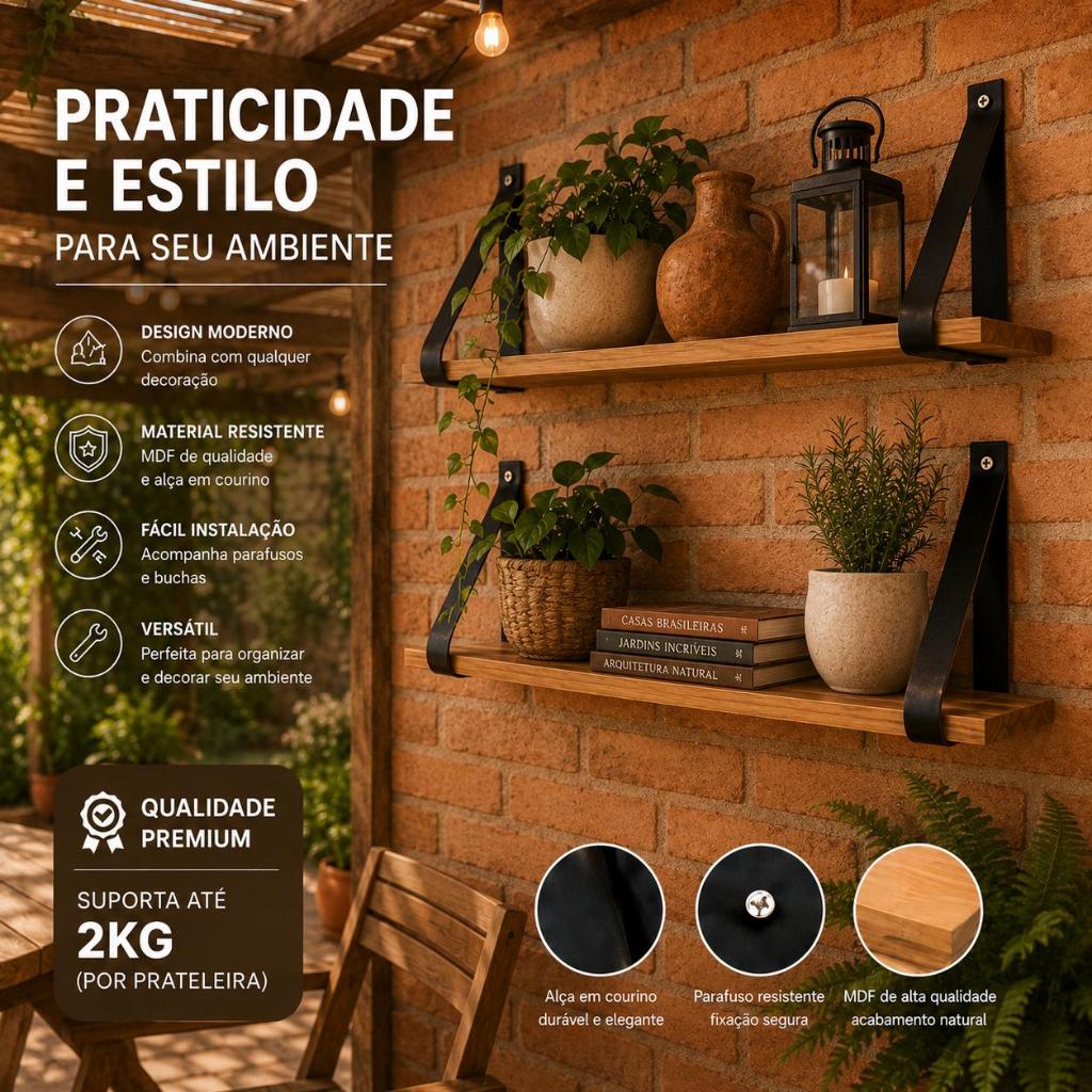 KIT 2 e 4 PRATELEIRAS RÚSTICA DECORATIVA MDF CRÚ COM ALÇA EM COURINO 60x15cm PAREDE QUARTO ESCRITÓRIO