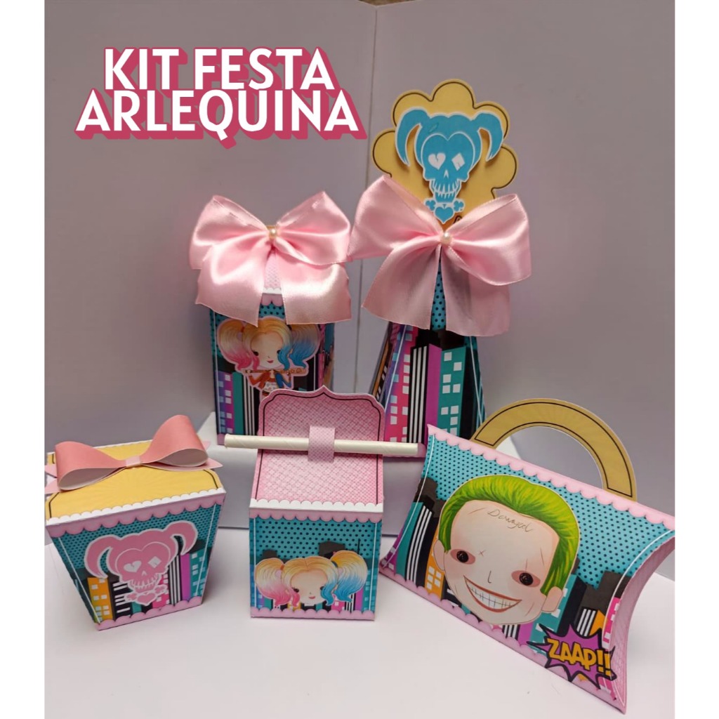 kit Festa ARLEQUINA, Caixinhas, Lembrancinha, Aniversário Infantil, aniversário de menina, Coringa e Arlequina