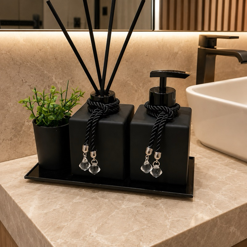 Kit Lavabo Banheiro Luxo Preto Com Bandeja Vasinho Vareta de Fibra