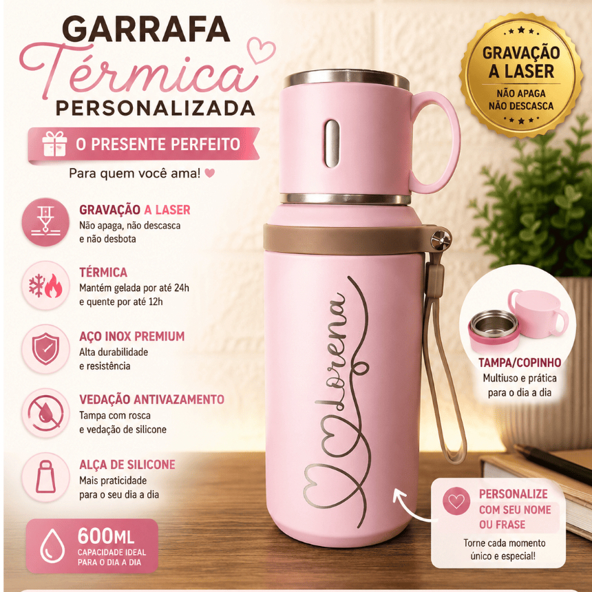 garrafa termica personalizada com nome mantem temperatura com caneca inox portatil 500ml