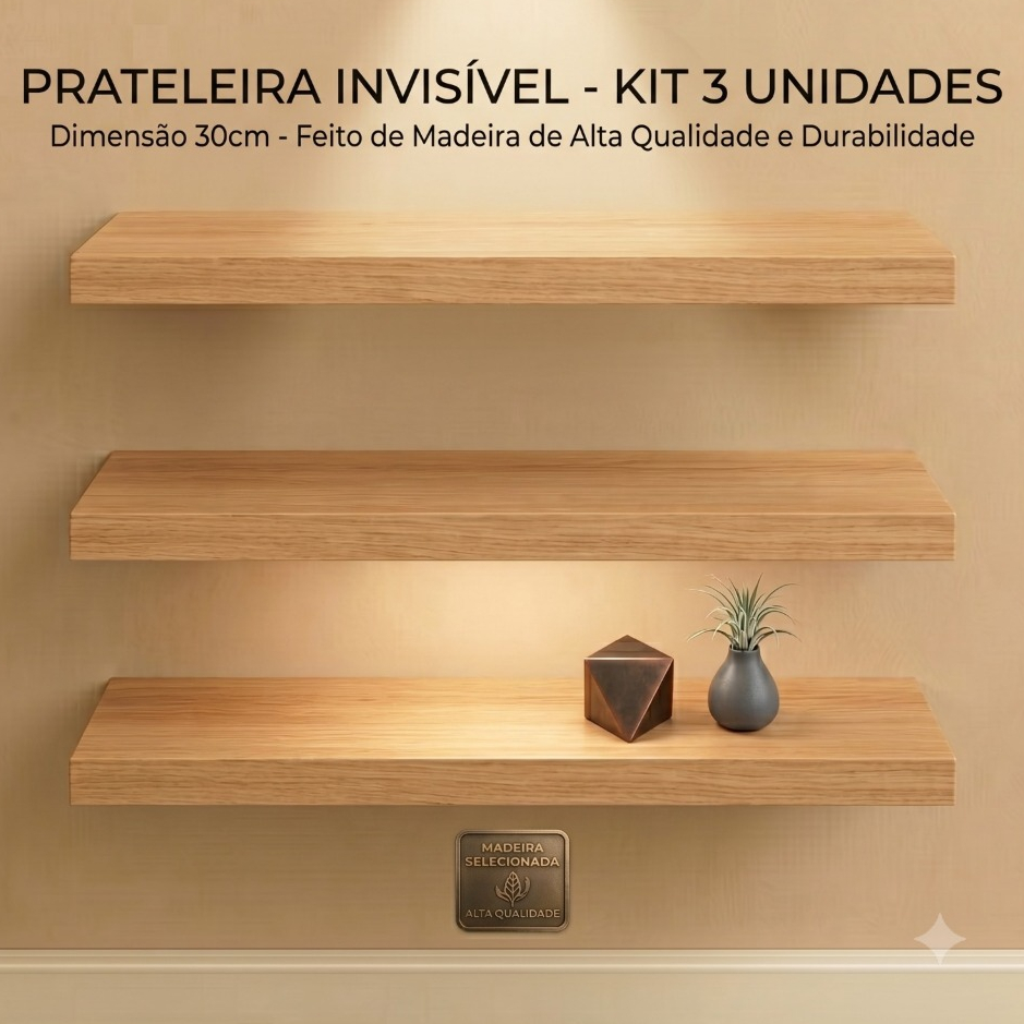 Kit 3 Prateleiras 30cm  Luxo Nichos Sala Cozinha Quarto Banheiro Com Kit De Instalação