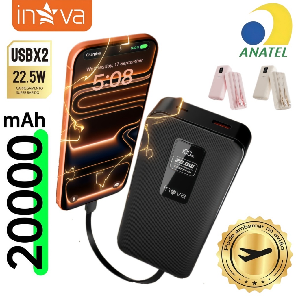 INOVA Power Bank 10000/20000mAh 22.5W Carga Rápida Display LED Portátil Universal