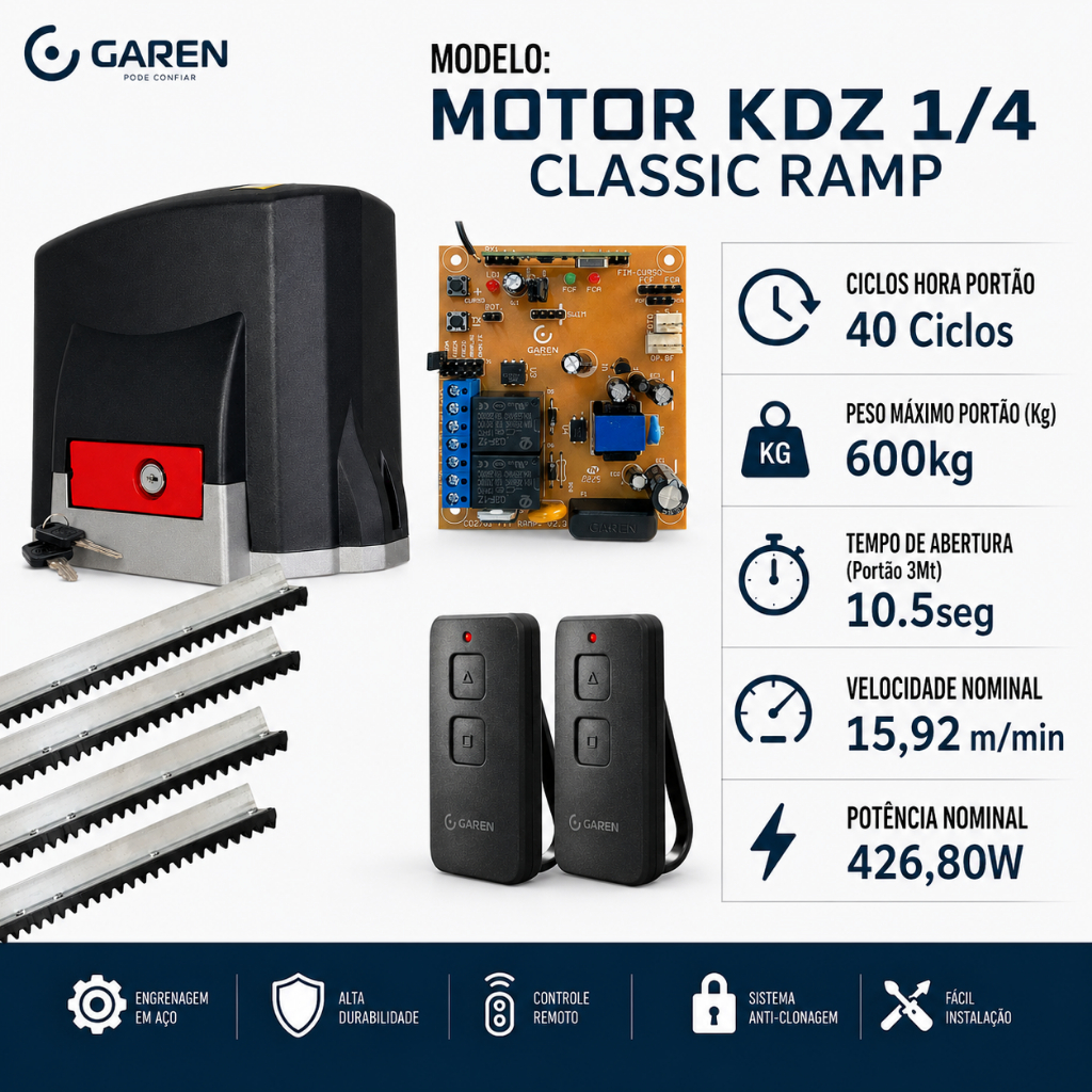 Kit Motor Portão Completo Deslizante Kdz Fit Classic 600kg 2 controles 3m cremalheira