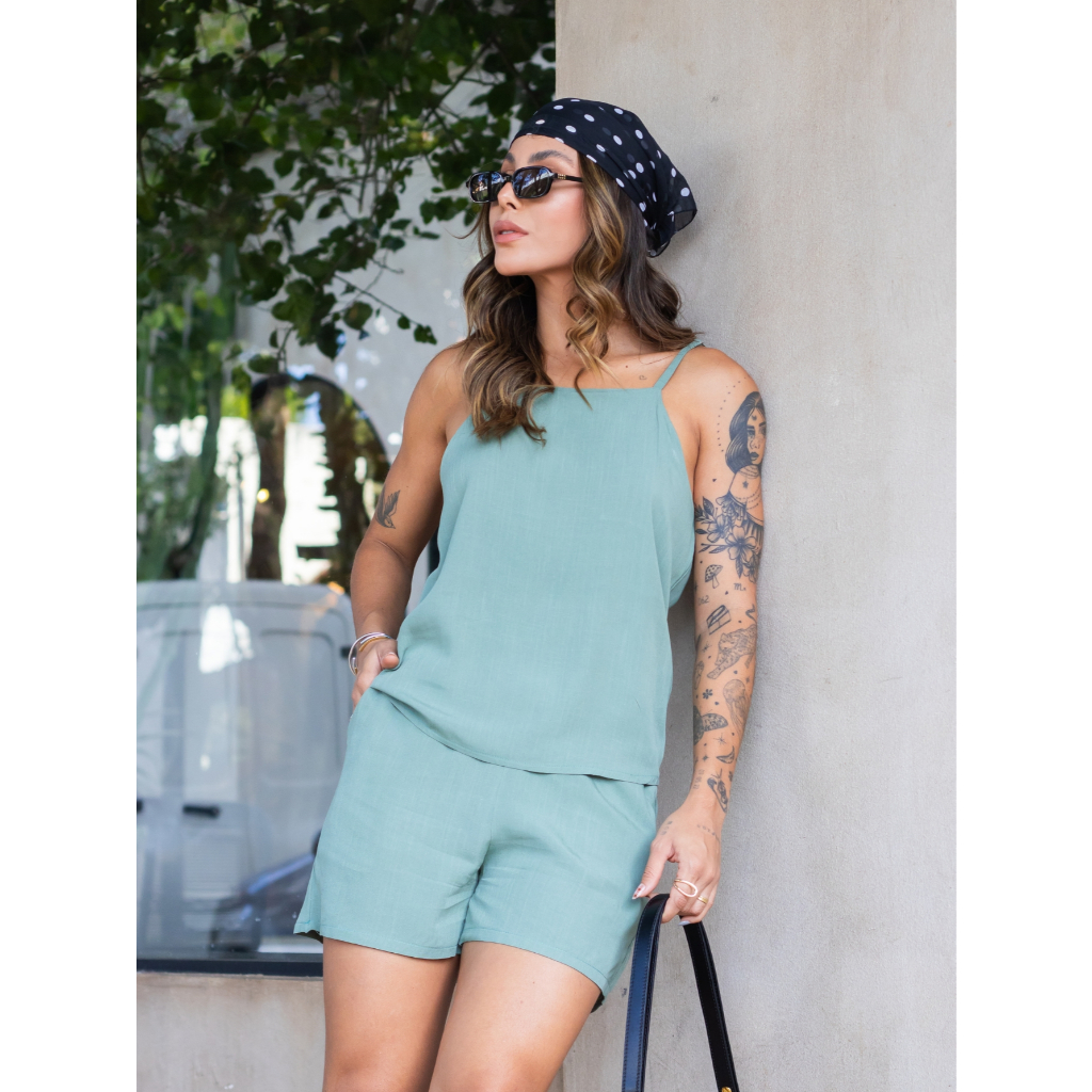 Conjunto Feminino 2 Peças Blusa Alças finas e Short Cintura Elástica Tecido Viscolinho Confortável P ao GG