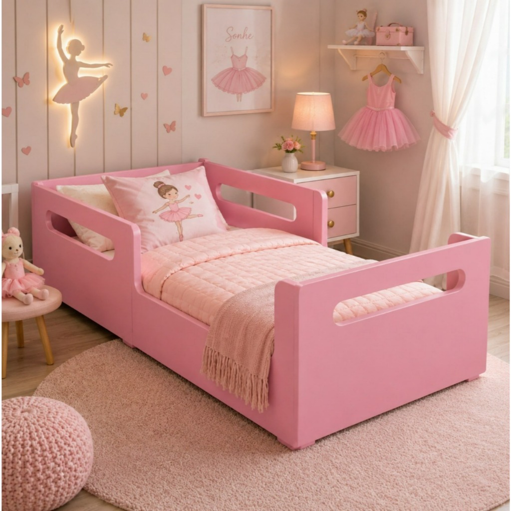 Cama Montessori Solteiro Com Colchão D33 - Rosa – Autonomia e Segurança para Crianças Cama Solteiro Menina