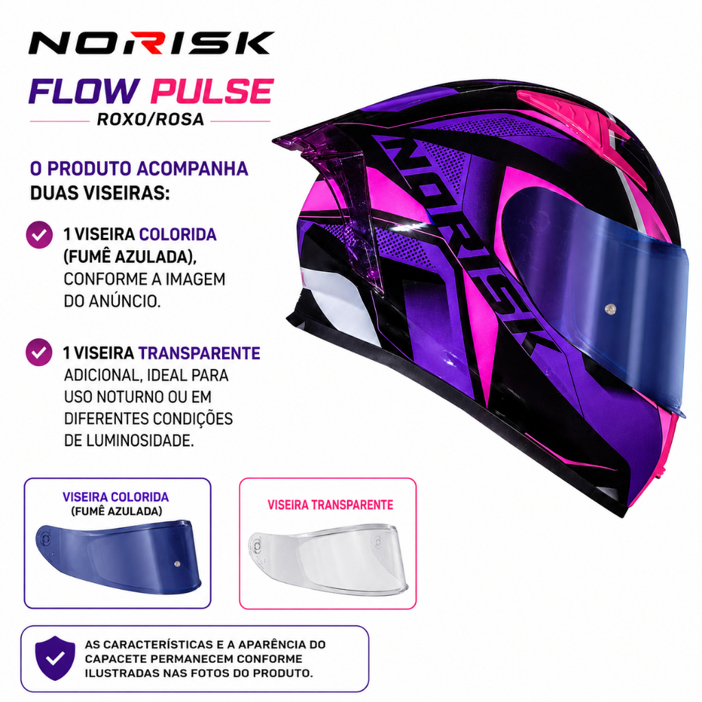 CAPACETE NORISK FLOW PULSE ROSA PINK ROXO MASCULINO FEMININO 2 VISEIRAS E SPOILER