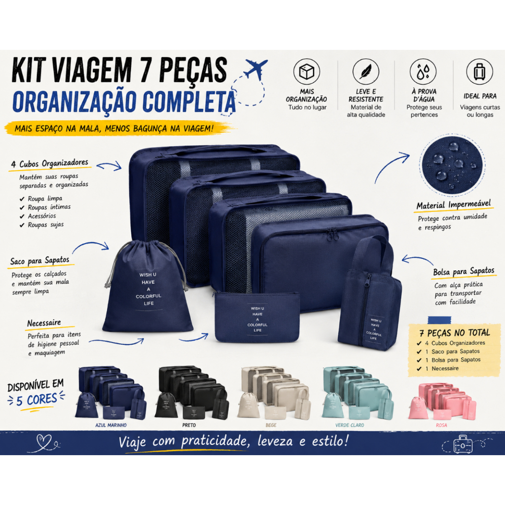 Kit 7/8/9/10  Pecas Bolsa Organizadoras Para Mala Roupas Bagagem Viagem