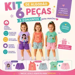 Kit 6 peças Roupa Conjunto Infantil Menina Confortável Verão Calor Short e Camiseta Conjuntinho