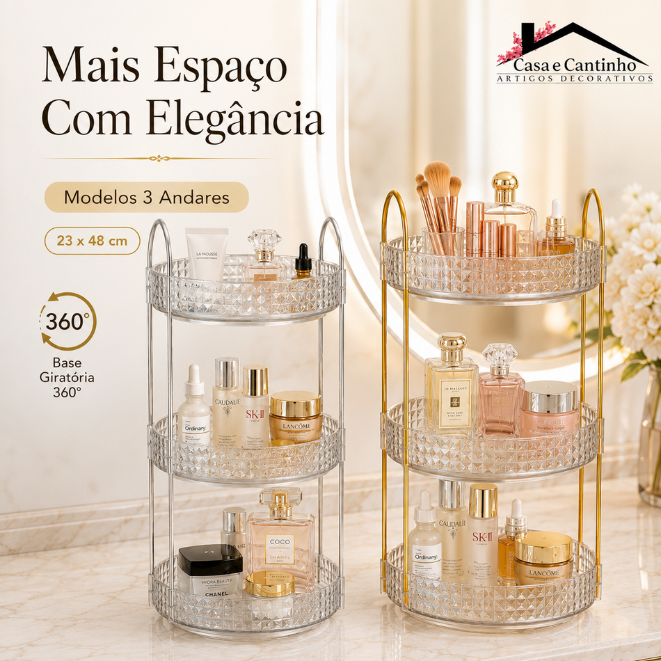 Organizador de Acrílico Porta Maquiagem 360º Suporte Perfume Cosmético Prateleira Diamante Rotativo