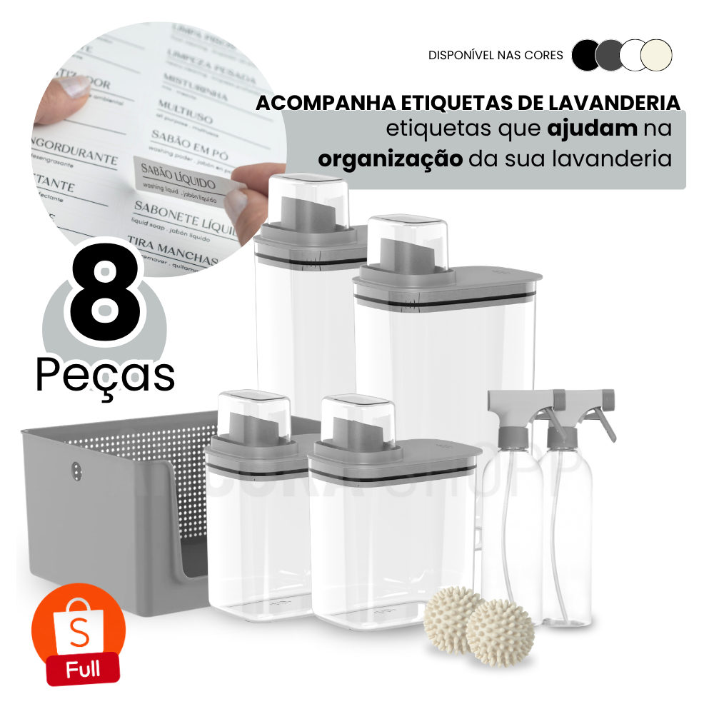 Kit 8 Organizador de Lavanderia Dispenser 1,5 + 2,3L 2 Borrifador 500ml Cesta 16L 2 Esfera Secadoras