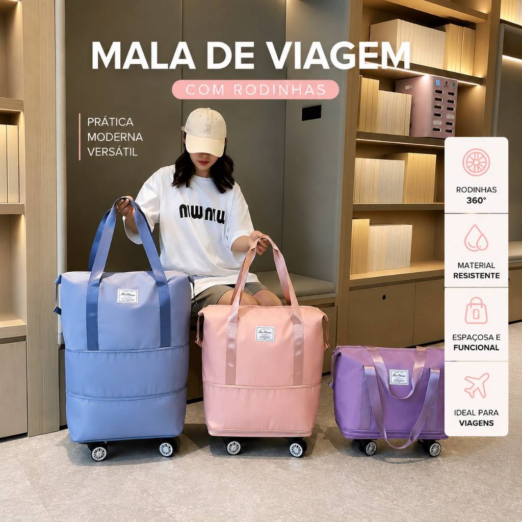 Bolsa De Viagem Multifuncional Mala Dobrável Grande Capacidade Impermeável Rodinhas — imagem 2 de 2
