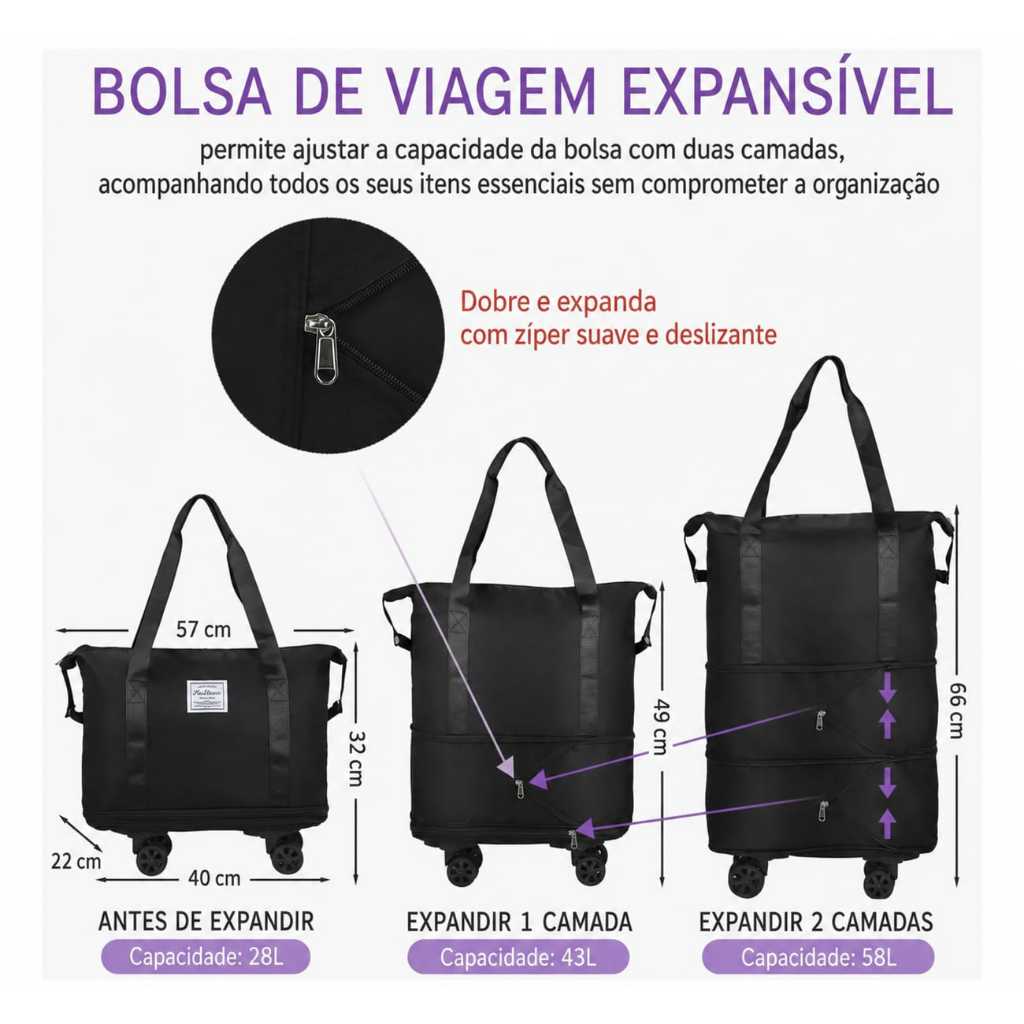 Bolsa De Viagem Multifuncional Mala Dobrável Grande Capacidade Impermeável Rodinhas