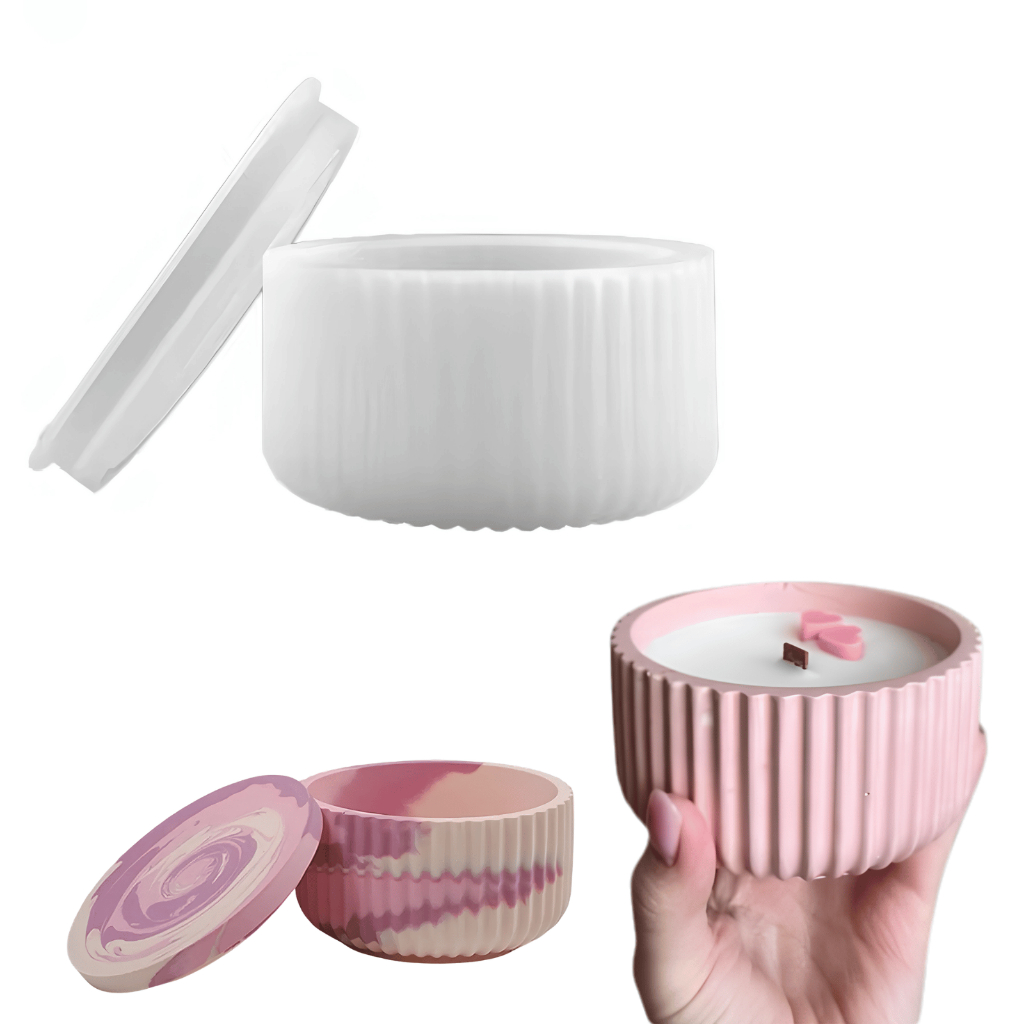 Molde de Silicone Pote com Tampa Listrado para Gesso Cimento Resina Forma Potes Baixo Velas