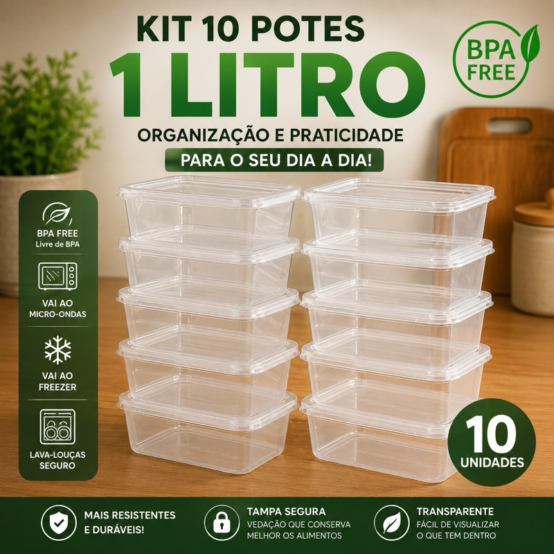 Kit 10 Potes 1 litro Transparentes De Plástico Organização Marmita Mantimentos Geladeira Microondas