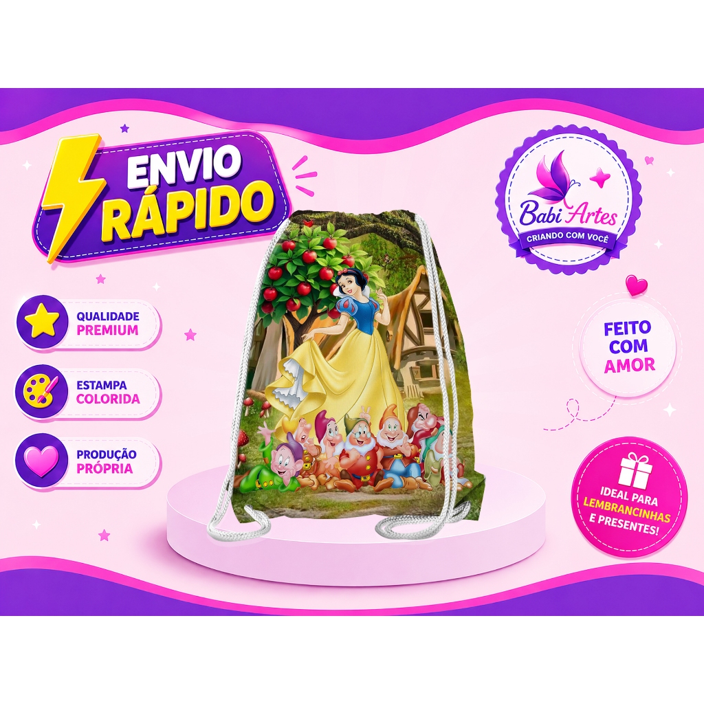 Mochilinha Saco Branca de Neve Festa Aniversário Lembrancinha Saquinho Inafantil Envio Rápido