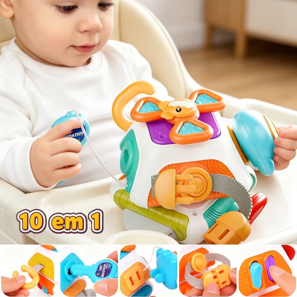 Brinquedo Montessori Cubo de Atividades 10 em 1 Presente Educativo Sensorial para Bebê 1 a 3 Anos