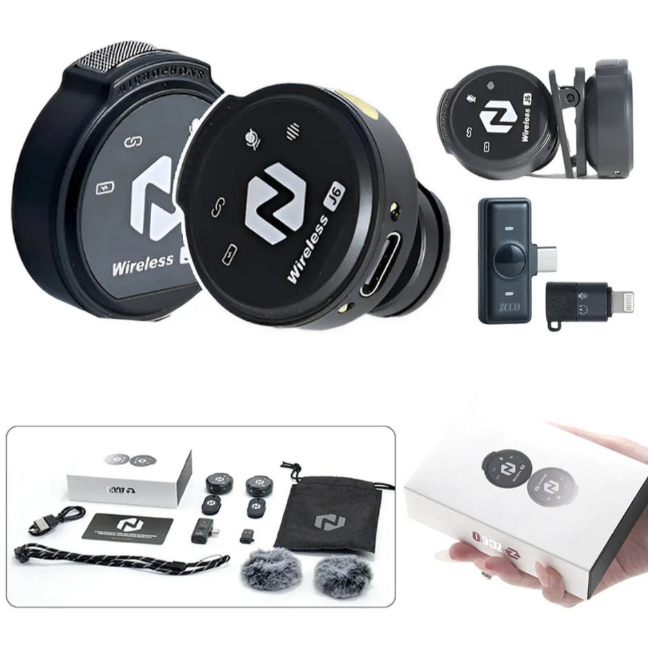 ZCCO Microfone Lapela Magnético J6-F Duplo Sem Fio Tipo C Lightning Anti Ruído Portátil