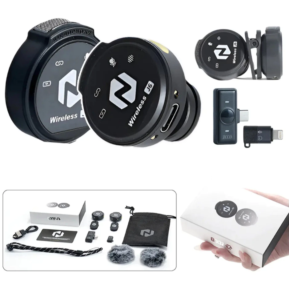ZCCO Microfone Lapela Magnético J6-F Duplo Sem Fio Tipo C Lightning Anti Ruído Portátil