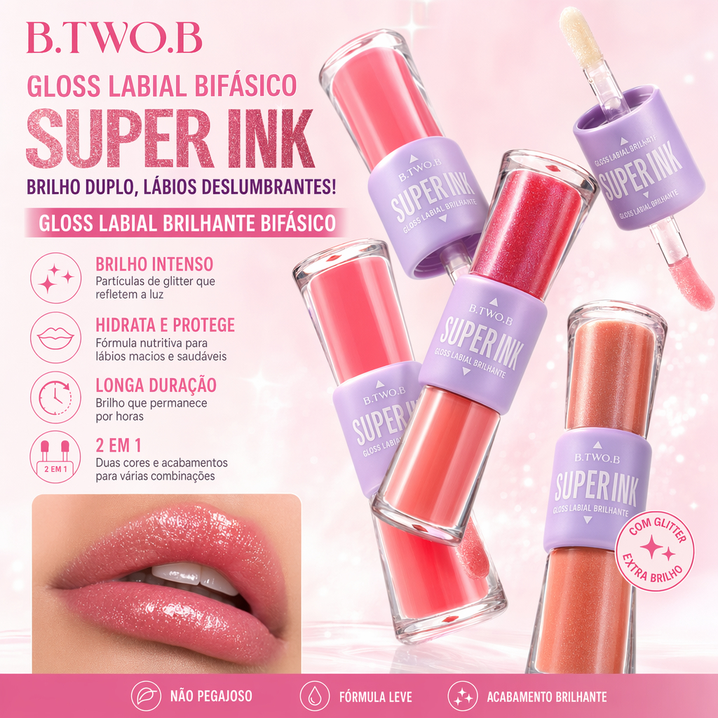 B.TWO.B Gloss Labial Bifásico Super Ink 2 em 1 Com Glitter Extra Brilho Não Pegajoso