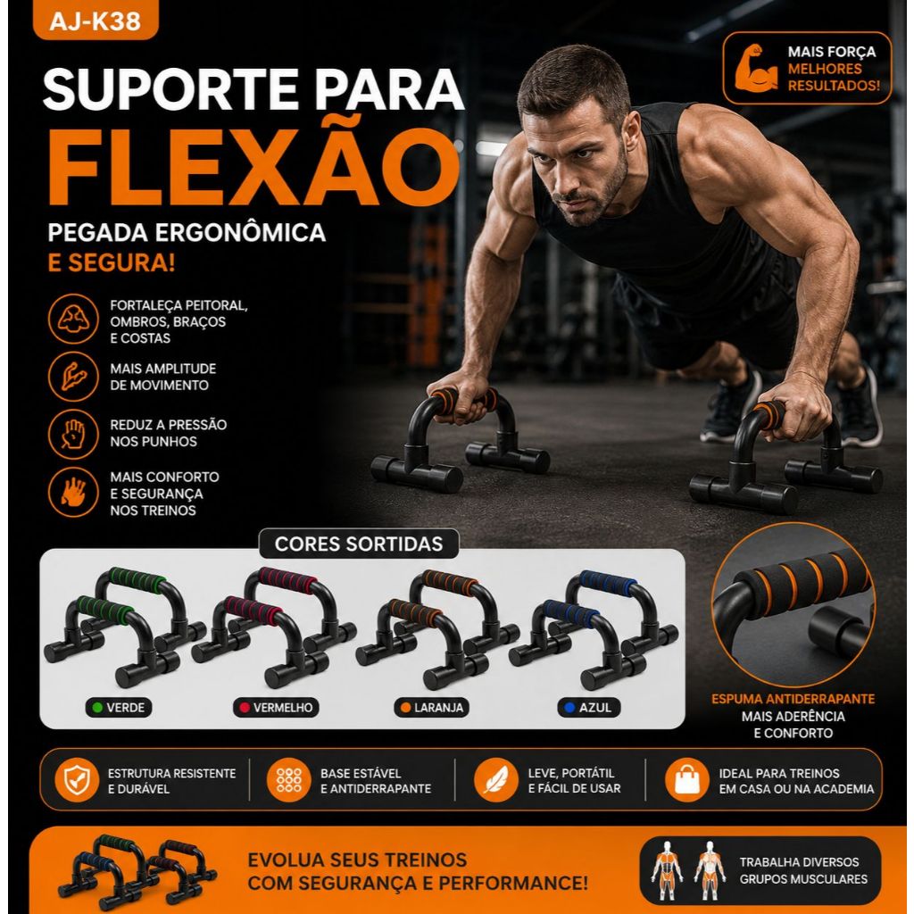 Apoio Para Flexão De Braço Push Up Bar Academia Musculação AJ-K38 Cores Sortidas