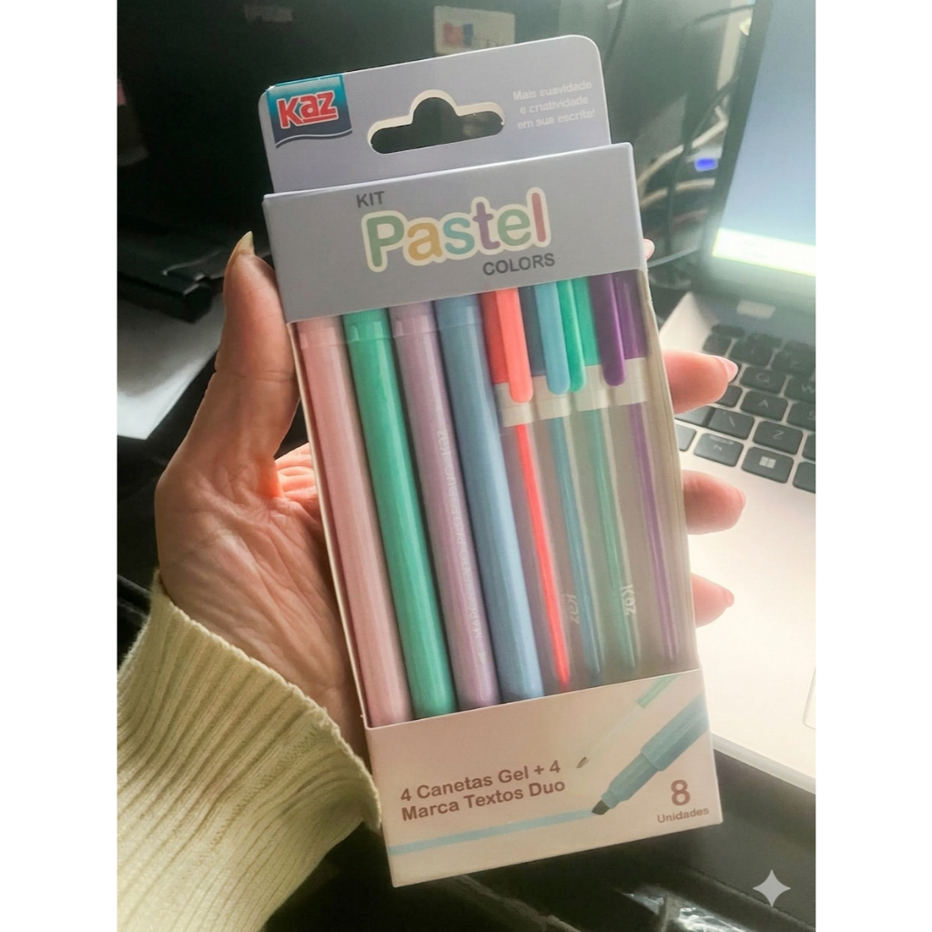Pincel Marca Texto Duo 4 Cores + 4 Caneta Esferográfica Gel com Glitter Pastel KAZ KZ6016 Pastel Fofo