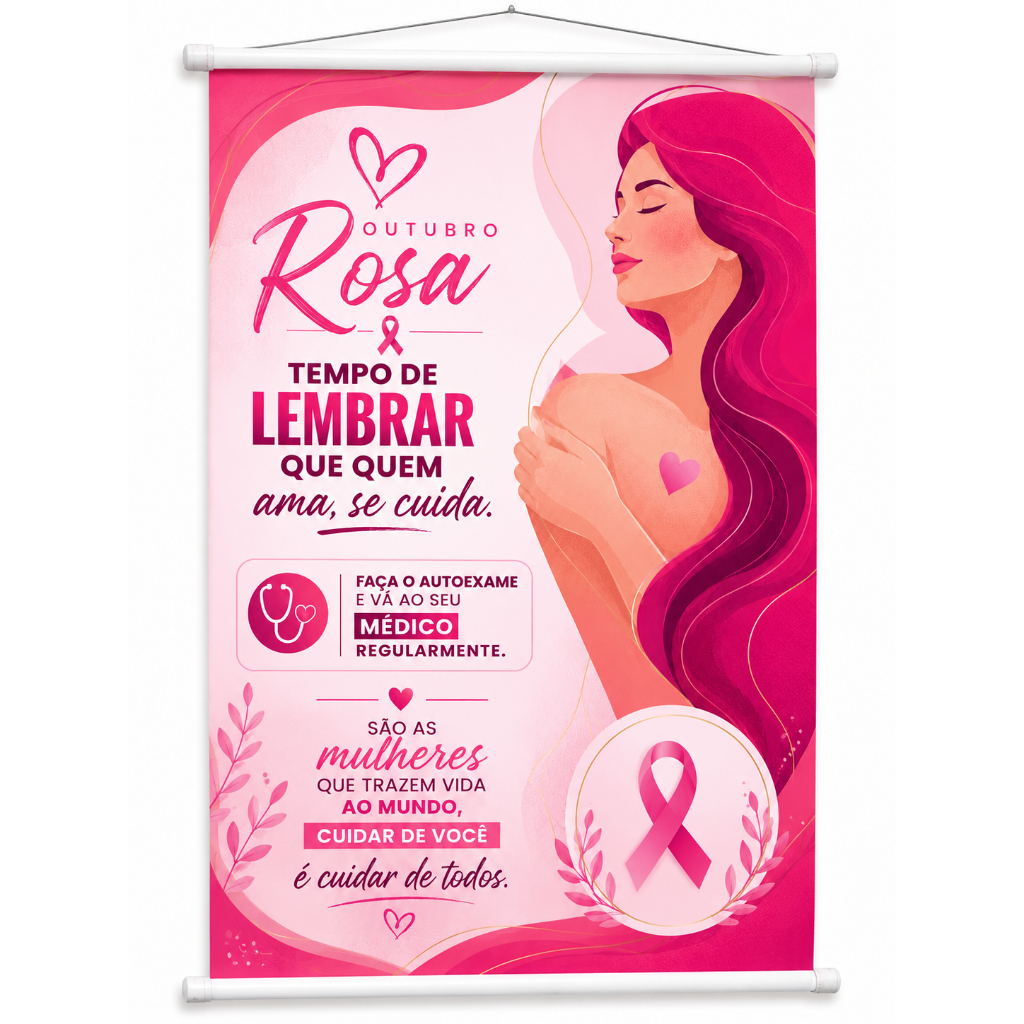 Banner Outubro Rosa Câncer De Mama Conscientização Saúde da Mulher produzido em lona. Cartaz Hospital Escola Pub1078