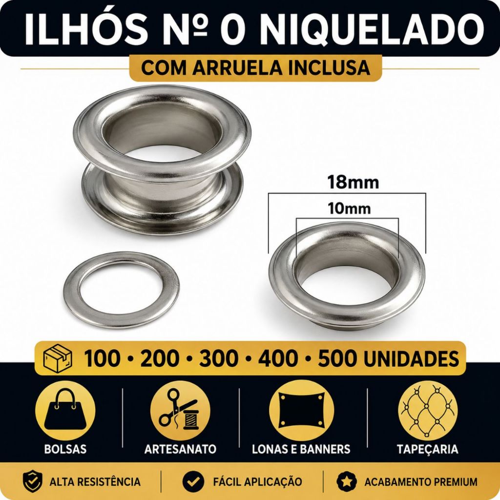 Ilhós N° 0 Niquelado Com Arruela Para Bolsas Artesanato 100 A 500 Unidades - JJA