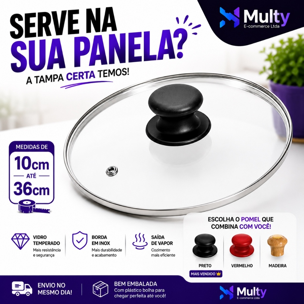 Imagem Tampa panela vidro diversos tamanhos universal borda inox puxador preto madeira vermelho