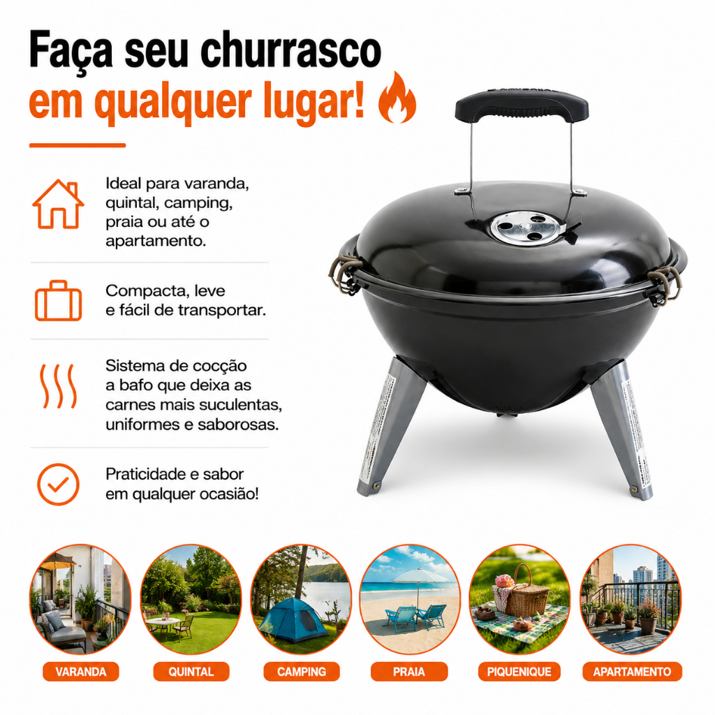 CHURRASCO COM CHURRASQUEIRA NOMAD COM TAMPA BAFO C/ RESPIRO PORTÁTIL, CASA, COZINHA, VARANDA, JARDIM