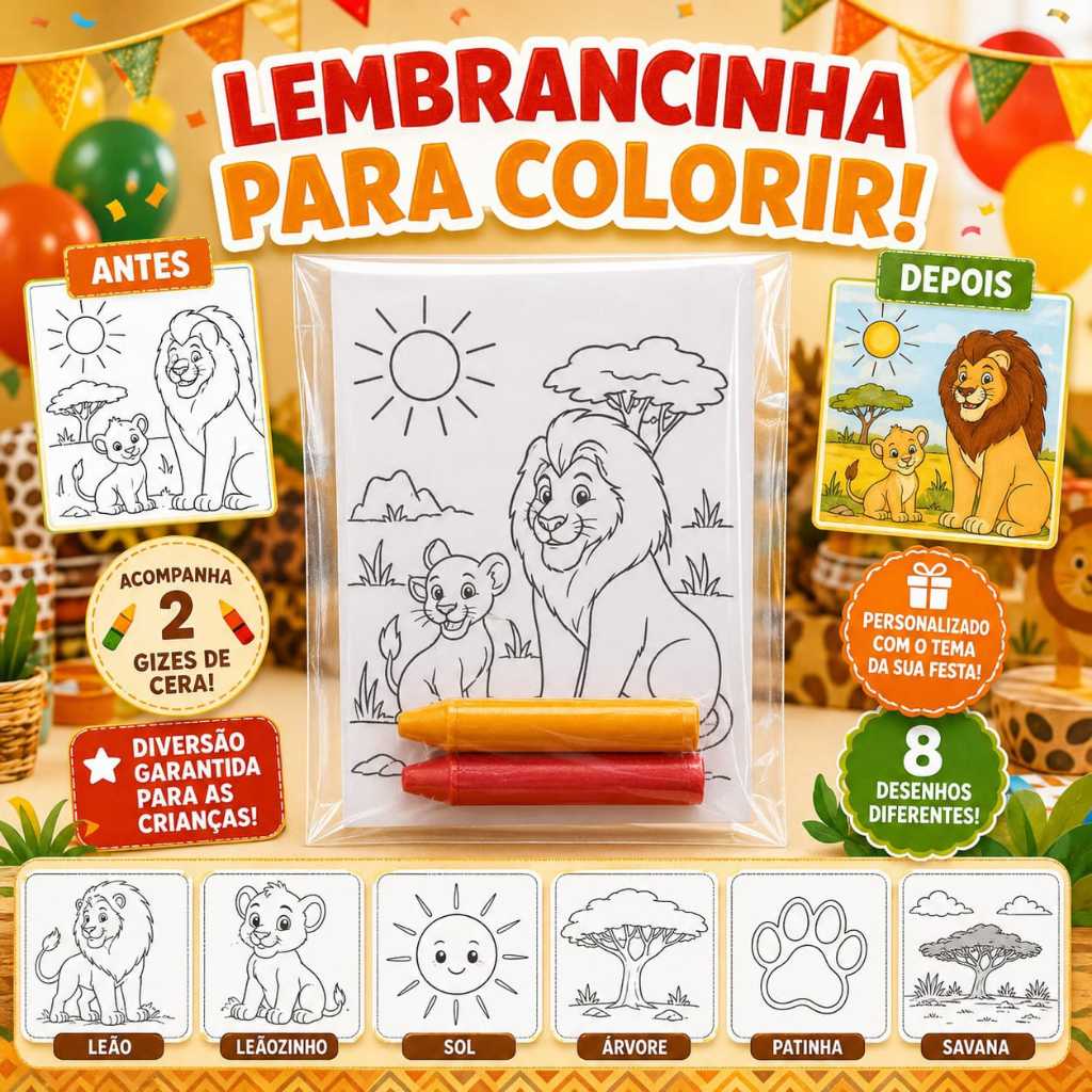 Kit Colorir Rei Leão com Giz de Cera | Lembrancinha Infantil Personalizada Festa Aniversário