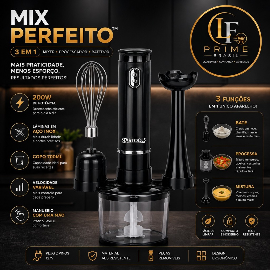 Mixer 3 em 1 Elétrico 200W Processador Batedor Fouet Copo 700ml Lâmina Inox - Mix Perfeito na cor Preto ou Branco