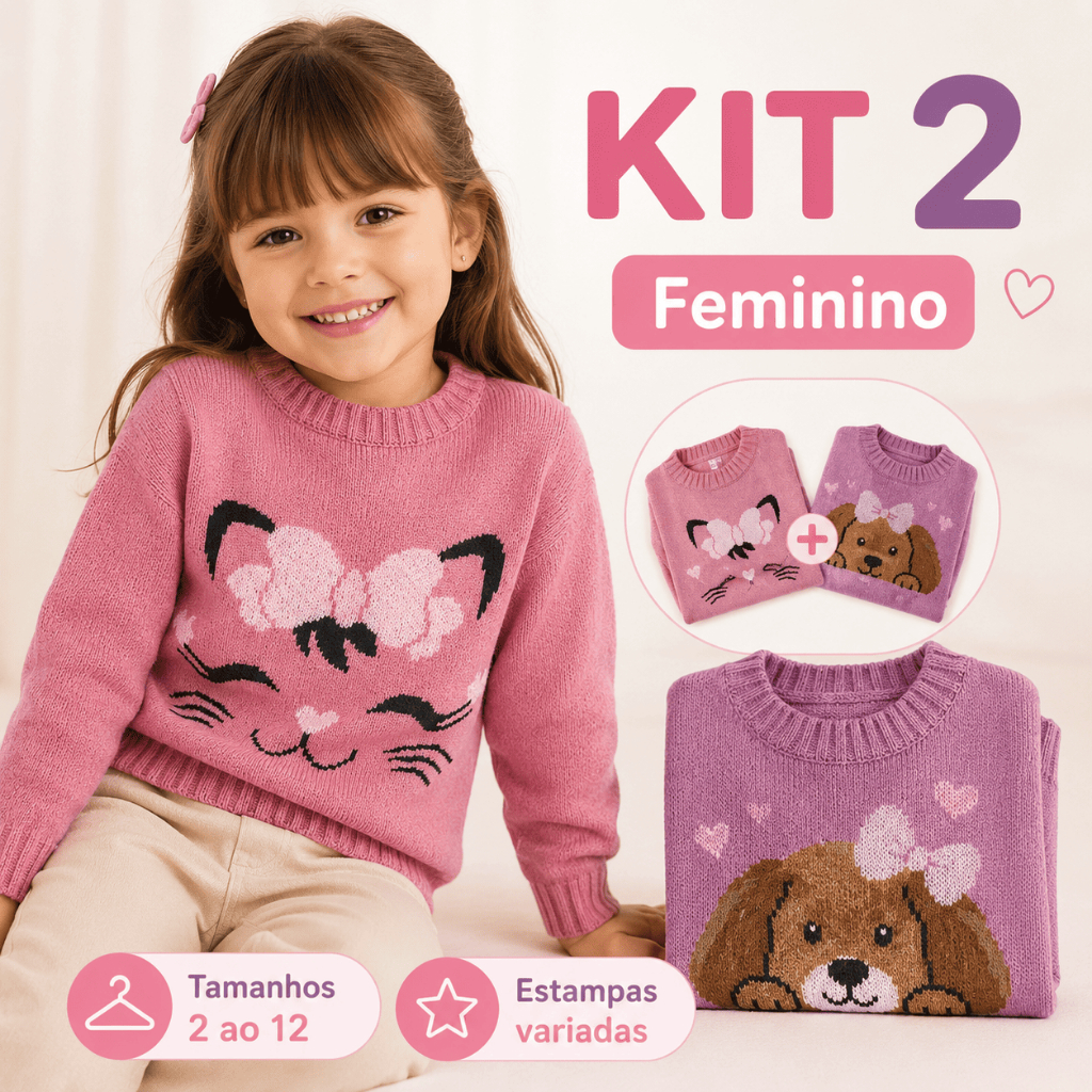 Kit 2 Suéteres Infantis Tricot Feminino ou Masculino Cores e Estampas Variadas Tamanhos 2 ao 12