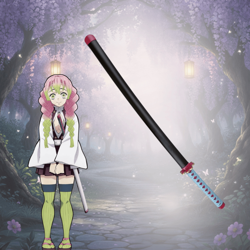 Katana Média (Wakizashi) Mitsuri Kanroji Aço Sem Corte Cosplay Com Suporte de Mesa
